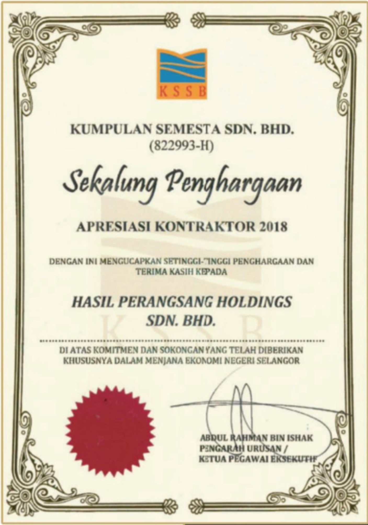 Sekalung Penghargaan — Apresiasi Kontraktor 2018, dianugerahkan oleh Kumpulan Semesta Sdn Bhd